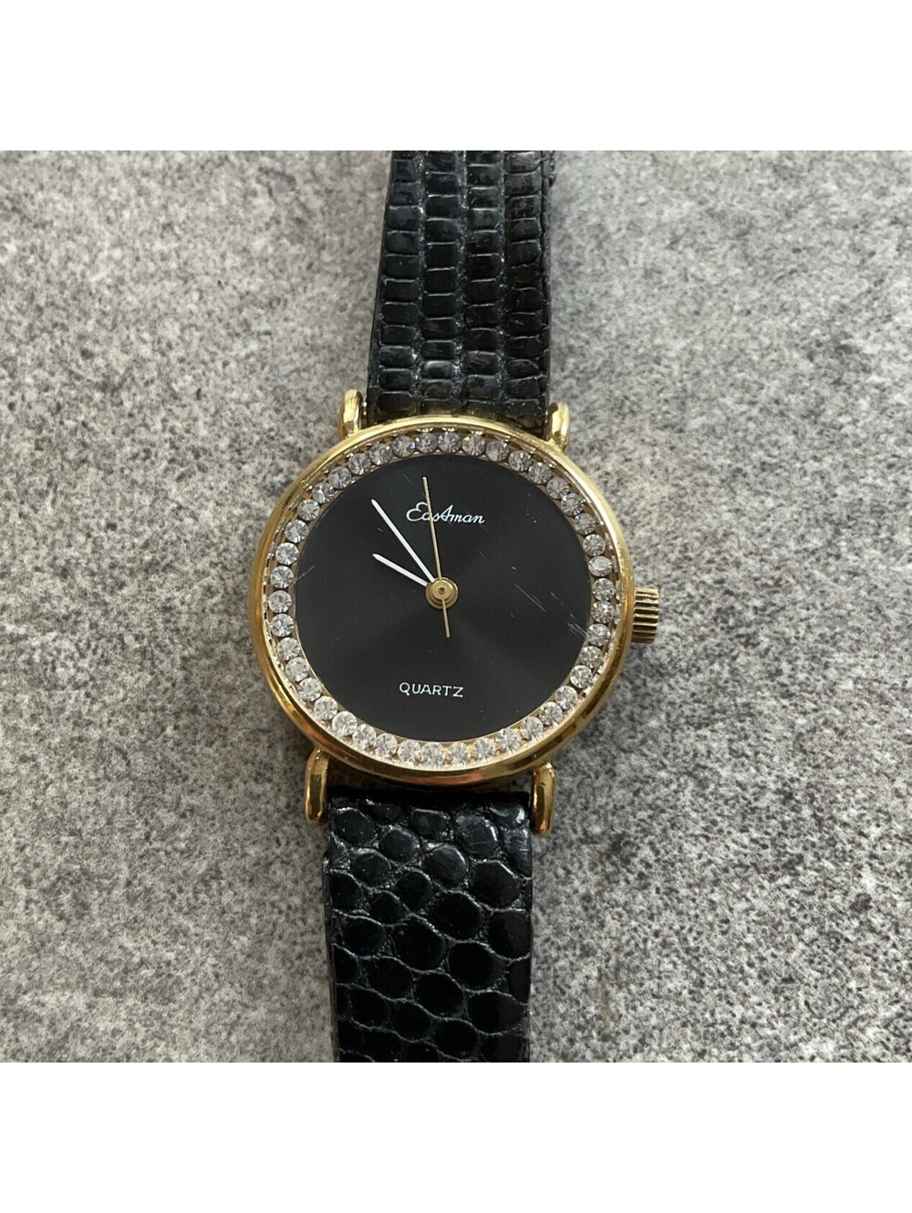 Vintage Eastman Women’s Watch 24mm Gold Tone Case Black Leather Band A12